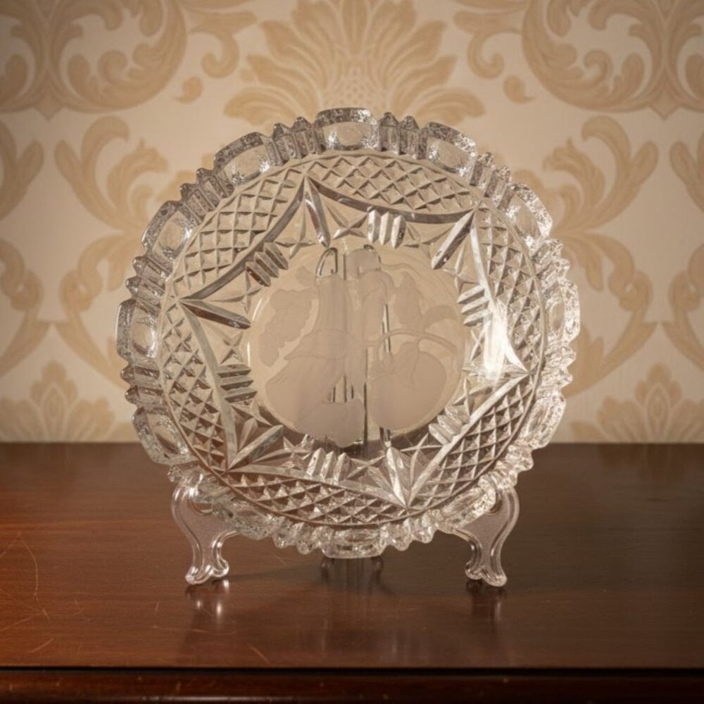 Vintage Crystal Glass Bowl Frosted Fruit Etching Scalloped Crown Rim Centerpiece